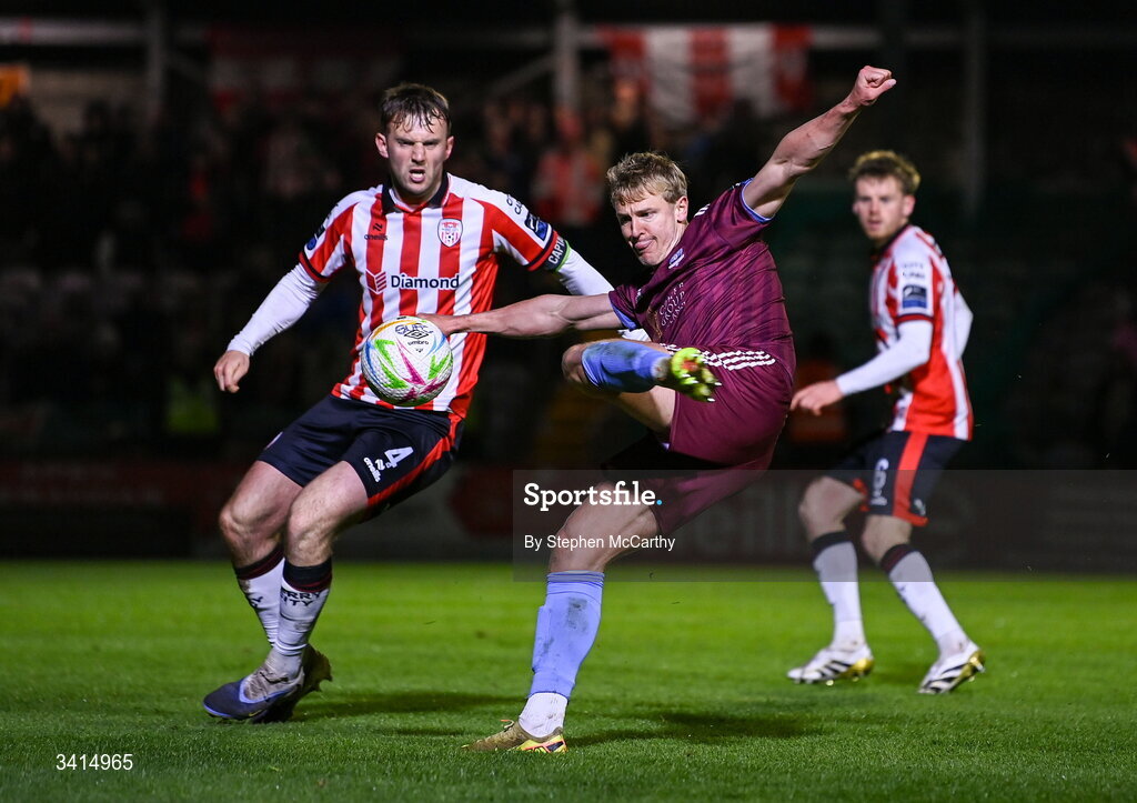 3 April 2026; Kris Twardek of Galway United in action against Jamie Stott of Derry City during the SSE Airtricity Men's Premier Division match between Galway United and Derry City at Eamonn Deacy Park in Galway. Photo by Stephen McCarthy/Sportsfile