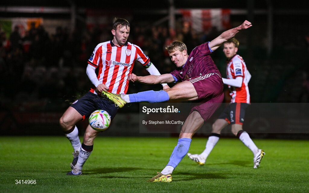 3 April 2026; Kris Twardek of Galway United in action against Jamie Stott of Derry City during the SSE Airtricity Men's Premier Division match between Galway United and Derry City at Eamonn Deacy Park in Galway. Photo by Stephen McCarthy/Sportsfile
