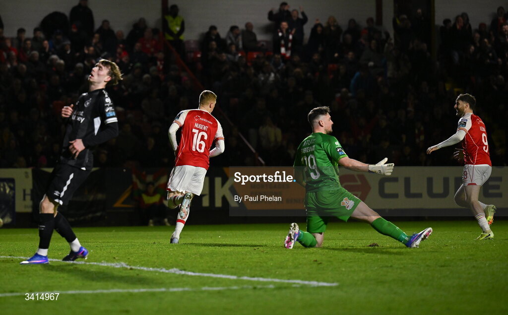 3 April 2026; Darragh Nugent of St Patrick's Athletic celebrates his side's fourth goal during the SSE Airtricity Men's Premier Division match between St Patrick's Athletic and Sligo Rovers at Richmond Park in Dublin. Photo by Paul Phelan/Sportsfile