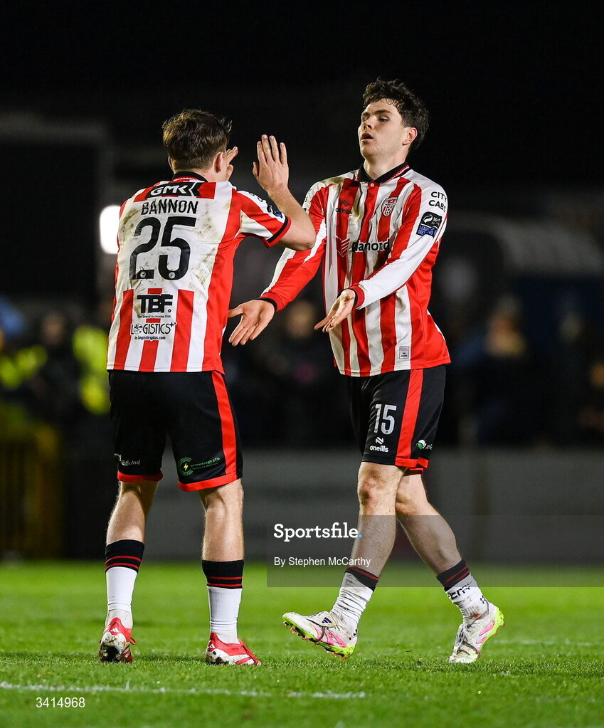 3 April 2026; James Clarke celebrates with Derry City team-mate Alex Bannon, left, after scoring his side's first goal during the SSE Airtricity Men's Premier Division match between Galway United and Derry City at Eamonn Deacy Park in Galway. Photo by Stephen McCarthy/Sportsfile