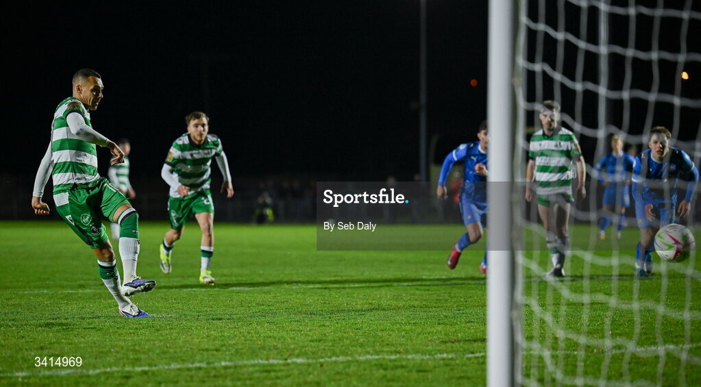 3 April 2026; Graham Burke of Shamrock Rovers scores his side's first goal, from a penalty, during the SSE Airtricity Men's Premier Division match between Waterford and Shamrock Rovers at the RSC in Waterford. Photo by Seb Daly/Sportsfile