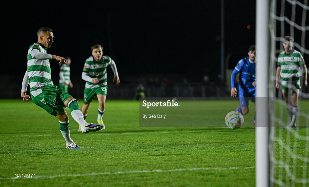 3 April 2026; Graham Burke of Shamrock Rovers scores his side's first goal, from a penalty, during the SSE Airtricity Men's Premier Division match between Waterford and Shamrock Rovers at the RSC in Waterford. Photo by Seb Daly/Sportsfile