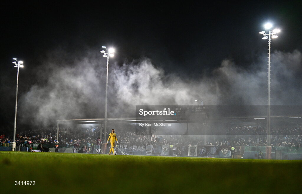 3 April 2026; Drogheda United supporters during the SSE Airtricity Men's Premier Division match between Drogheda United and Bohemians at Sullivan & Lambe Park in Drogheda, Louth. Photo by Ben McShane/Sportsfile