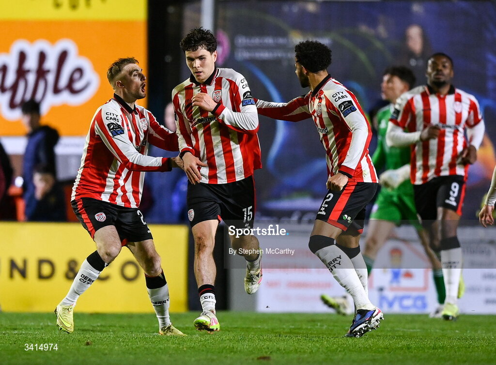 3 April 2026; James Clarke of Derry City, 15, is congratulated by team-mates after scoring his side's first goal during the SSE Airtricity Men's Premier Division match between Galway United and Derry City at Eamonn Deacy Park in Galway. Photo by Stephen McCarthy/Sportsfile