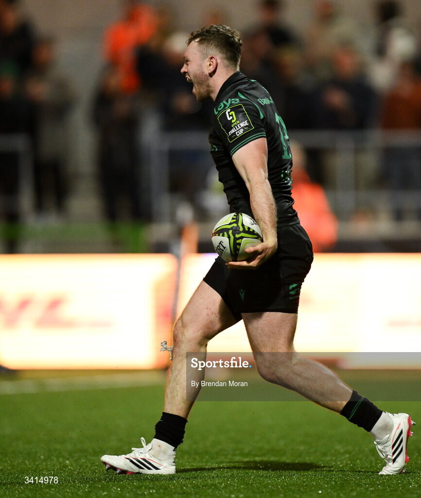 3 April 2026; Cathal Forde of Connacht celebrates after scoring his side's fourth try during the EPCR Challenge Cup match between Connacht and Hollywoodbets Sharks at Dexcom Stadium in Galway. Photo by Brendan Moran/Sportsfile
