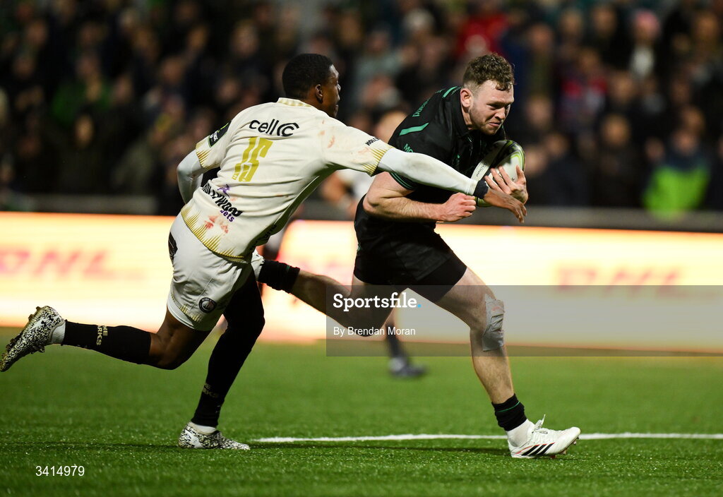 3 April 2026; Cathal Forde of Connacht breaks past Hakeem Kunene of Hollywoodbets Sharks on the way to scoring his side's fourth try during the EPCR Challenge Cup match between Connacht and Hollywoodbets Sharks at Dexcom Stadium in Galway. Photo by Brendan Moran/Sportsfile
