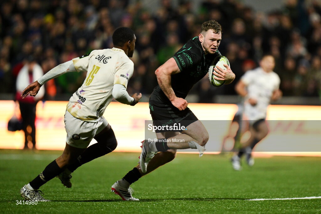 3 April 2026; Cathal Forde of Connacht breaks past Hakeem Kunene of Hollywoodbets Sharks on the way to scoring his side's fourth try during the EPCR Challenge Cup match between Connacht and Hollywoodbets Sharks at Dexcom Stadium in Galway. Photo by Brendan Moran/Sportsfile