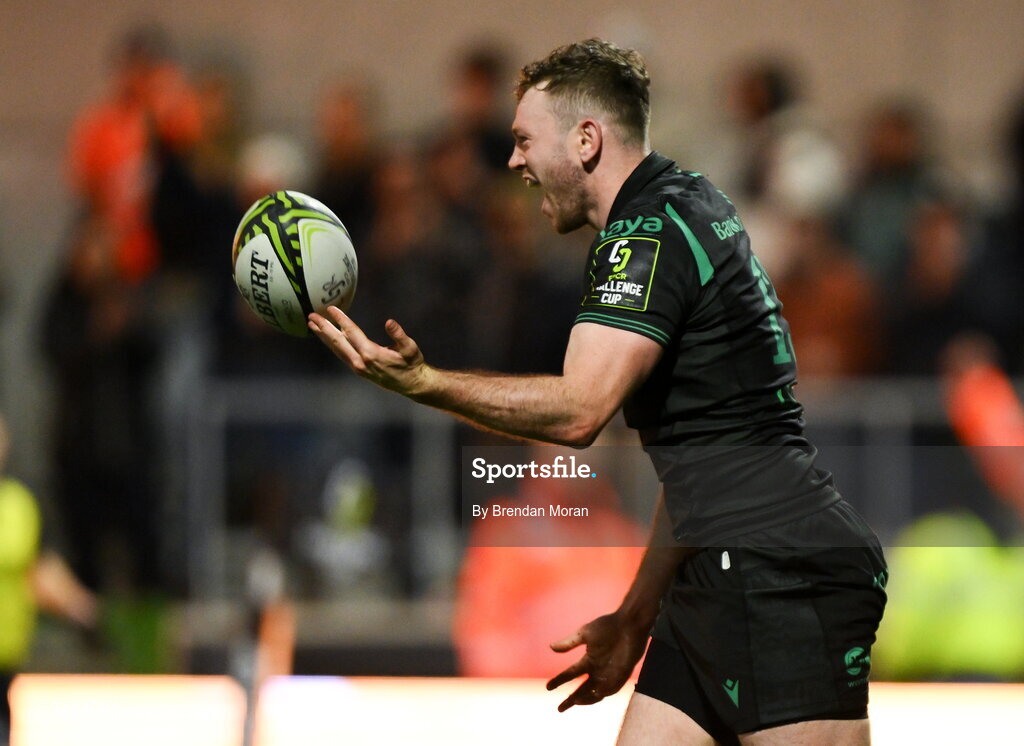 3 April 2026; Cathal Forde of Connacht celebrates after scoring his side's fourth try during the EPCR Challenge Cup match between Connacht and Hollywoodbets Sharks at Dexcom Stadium in Galway. Photo by Brendan Moran/Sportsfile