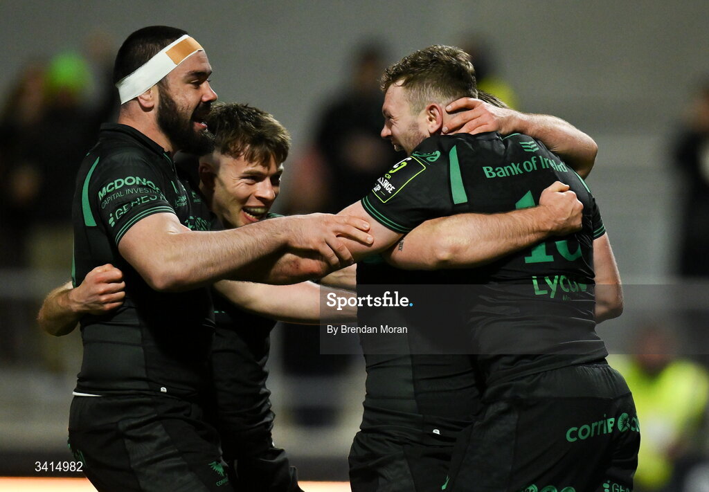 3 April 2026; Cathal Forde of Connacht, right, celebrates with teammates after scoring their side's fourth try during the EPCR Challenge Cup match between Connacht and Hollywoodbets Sharks at Dexcom Stadium in Galway. Photo by Brendan Moran/Sportsfile