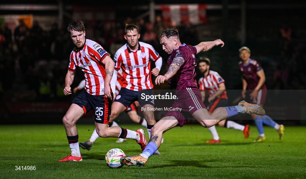 3 April 2026; Stephen Walsh of Galway United in action against Alex Bannon of Derry City during the SSE Airtricity Men's Premier Division match between Galway United and Derry City at Eamonn Deacy Park in Galway. Photo by Stephen McCarthy/Sportsfile