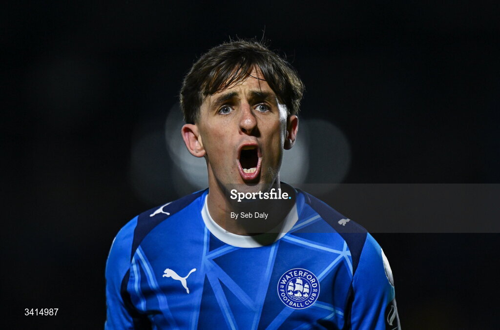 3 April 2026; Dean McMenamy of Waterford during the SSE Airtricity Men's Premier Division match between Waterford and Shamrock Rovers at the RSC in Waterford. Photo by Seb Daly/Sportsfile
