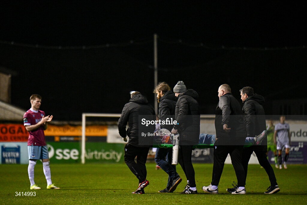 3 April 2026; Shane Farrell of Drogheda United is taken from the pitch on a stretcher during the SSE Airtricity Men's Premier Division match between Drogheda United and Bohemians at Sullivan & Lambe Park in Drogheda, Louth. Photo by Ben McShane/Sportsfile