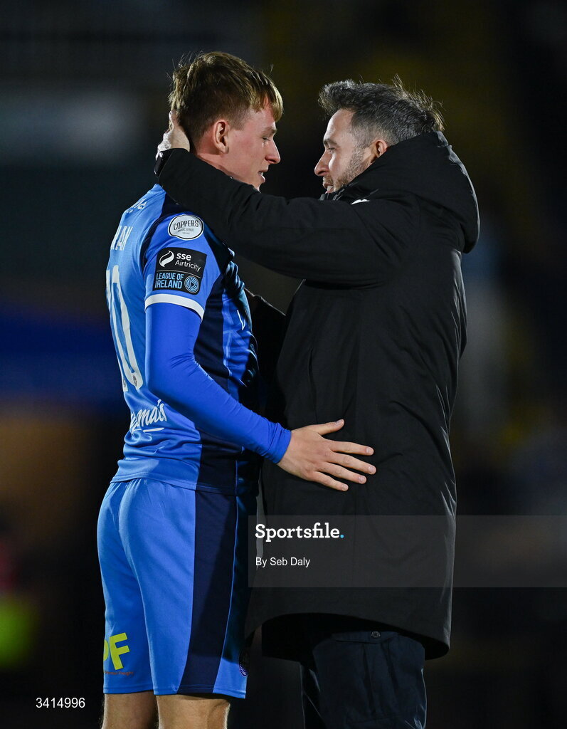 3 April 2026; Conan Noonan of Waterford, left, and Shamrock Rovers manager Stephen Bradley after the SSE Airtricity Men's Premier Division match between Waterford and Shamrock Rovers at the RSC in Waterford. Photo by Seb Daly/Sportsfile