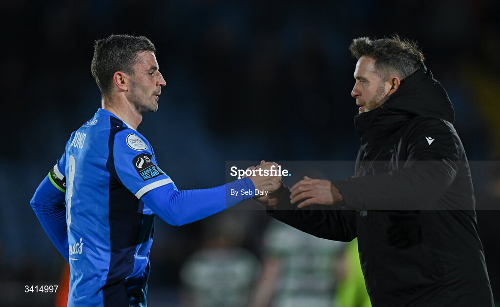 3 April 2026; Pádraig Amond of Waterford, left, and Shamrock Rovers manager Stephen Bradley after the SSE Airtricity Men's Premier Division match between Waterford and Shamrock Rovers at the RSC in Waterford. Photo by Seb Daly/Sportsfile