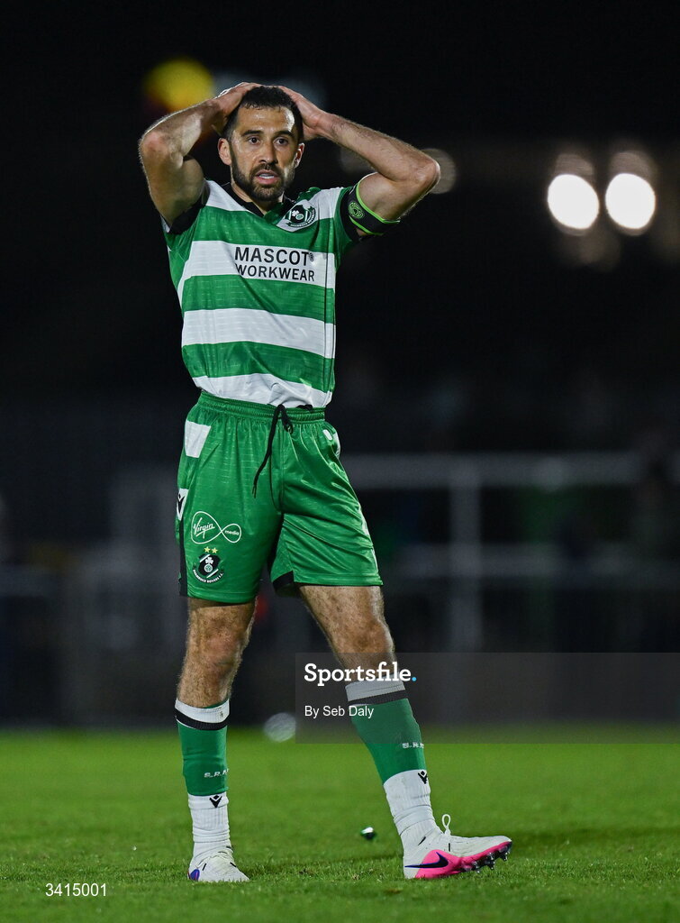 3 April 2026; Roberto Lopes of Shamrock Rovers reacts during the SSE Airtricity Men's Premier Division match between Waterford and Shamrock Rovers at the RSC in Waterford. Photo by Seb Daly/Sportsfile
