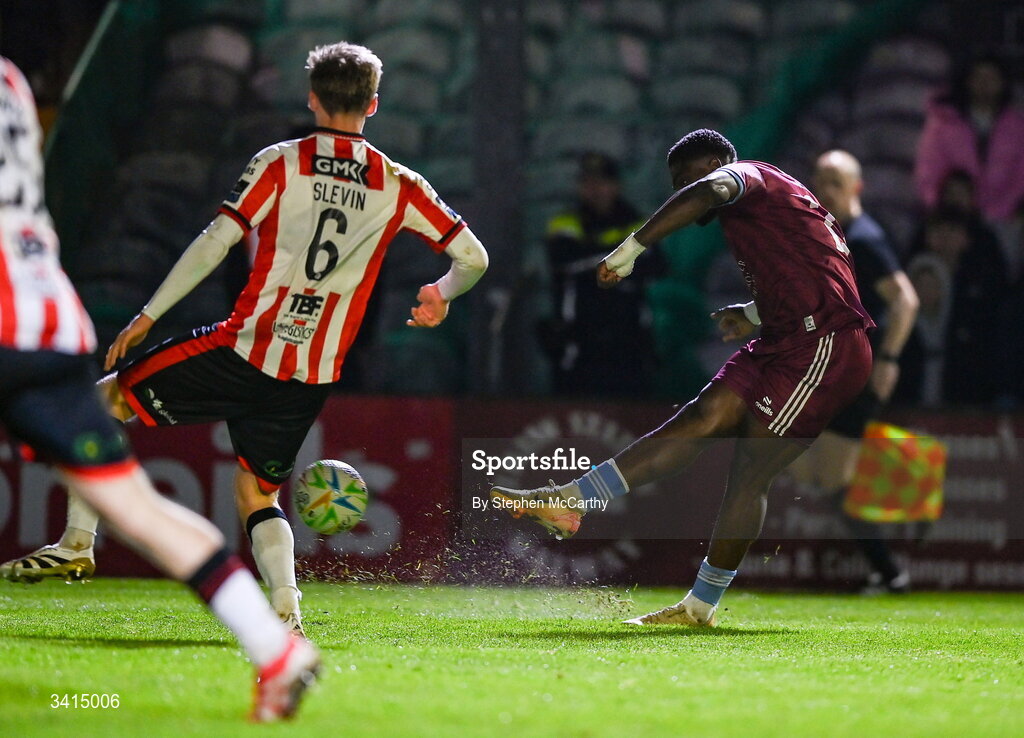 3 April 2026; Frantz Pierrot of Galway United shoots to score his side's second goal during the SSE Airtricity Men's Premier Division match between Galway United and Derry City at Eamonn Deacy Park in Galway. Photo by Stephen McCarthy/Sportsfile