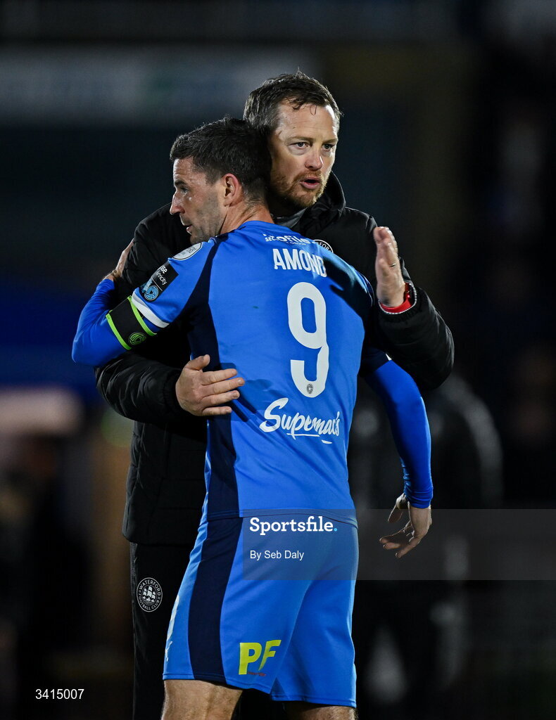 3 April 2026; Waterford manager Jon Daly, right, and Pádraig Amond after the SSE Airtricity Men's Premier Division match between Waterford and Shamrock Rovers at the RSC in Waterford. Photo by Seb Daly/Sportsfile