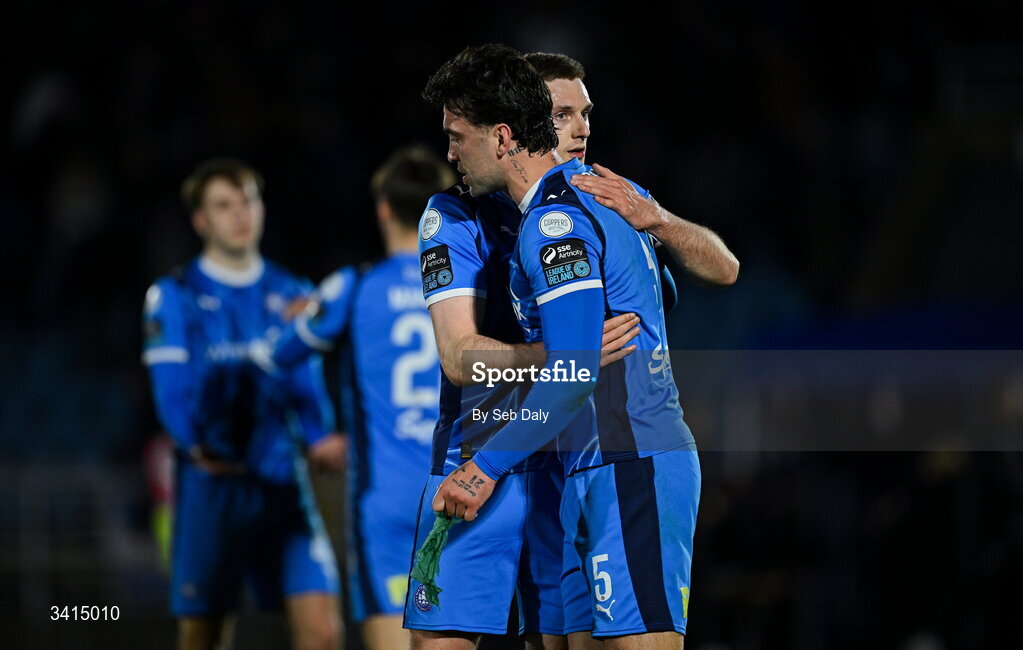 3 April 2026; Waterford players John Mahon, front, and Hayden Cann after the SSE Airtricity Men's Premier Division match between Waterford and Shamrock Rovers at the RSC in Waterford. Photo by Seb Daly/Sportsfile