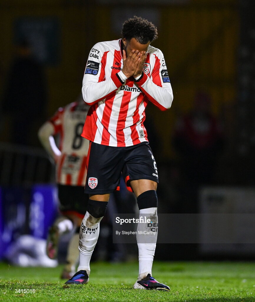 3 April 2026; Barry Cotter of Derry City during the SSE Airtricity Men's Premier Division match between Galway United and Derry City at Eamonn Deacy Park in Galway. Photo by Stephen McCarthy/Sportsfile