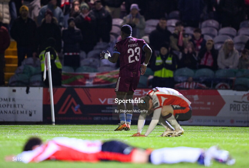 3 April 2026; Frantz Pierrot of Galway United celebrates after scoring his side's second goal during the SSE Airtricity Men's Premier Division match between Galway United and Derry City at Eamonn Deacy Park in Galway. Photo by Stephen McCarthy/Sportsfile