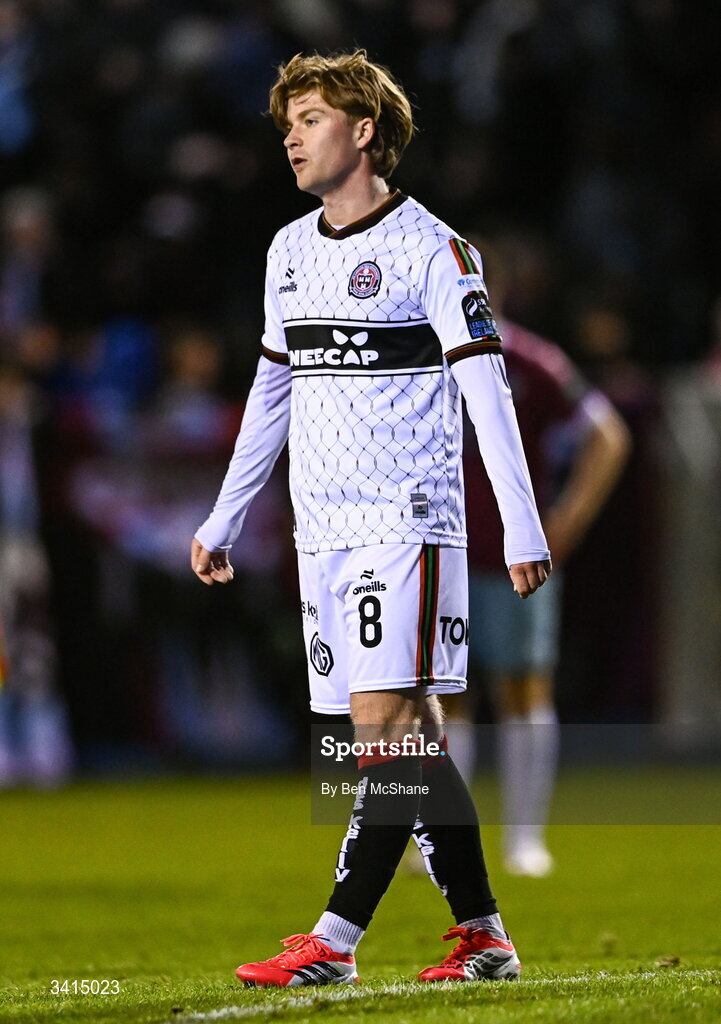 3 April 2026; Harry Vaughan of Bohemians reacts at the final whistle of the SSE Airtricity Men's Premier Division match between Drogheda United and Bohemians at Sullivan & Lambe Park in Drogheda, Louth. Photo by Ben McShane/Sportsfile