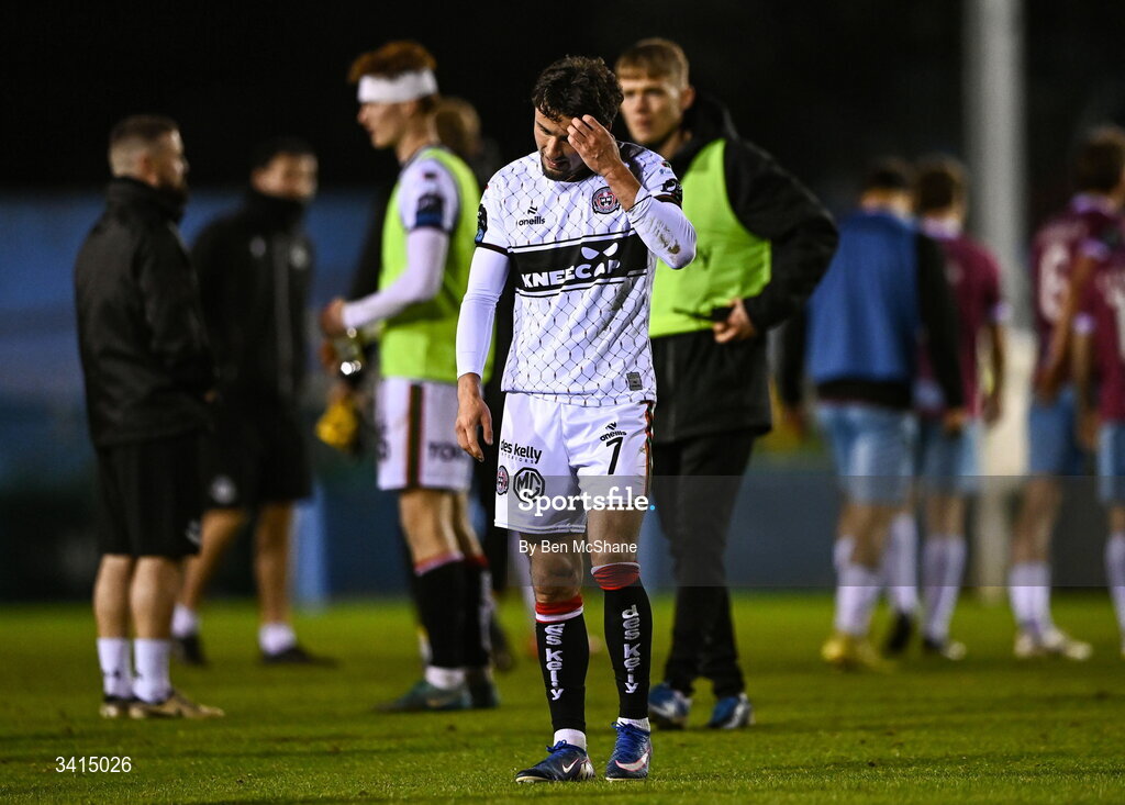 3 April 2026; Connor Parsons of Bohemians reacts after his side's draw in the SSE Airtricity Men's Premier Division match between Drogheda United and Bohemians at Sullivan & Lambe Park in Drogheda, Louth. Photo by Ben McShane/Sportsfile