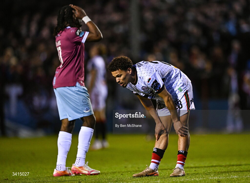3 April 2026; Zane Myers of Bohemians, right, and Thomas Oluwa of Drogheda United react at the final whitle of the SSE Airtricity Men's Premier Division match between Drogheda United and Bohemians at Sullivan & Lambe Park in Drogheda, Louth. Photo by Ben McShane/Sportsfile