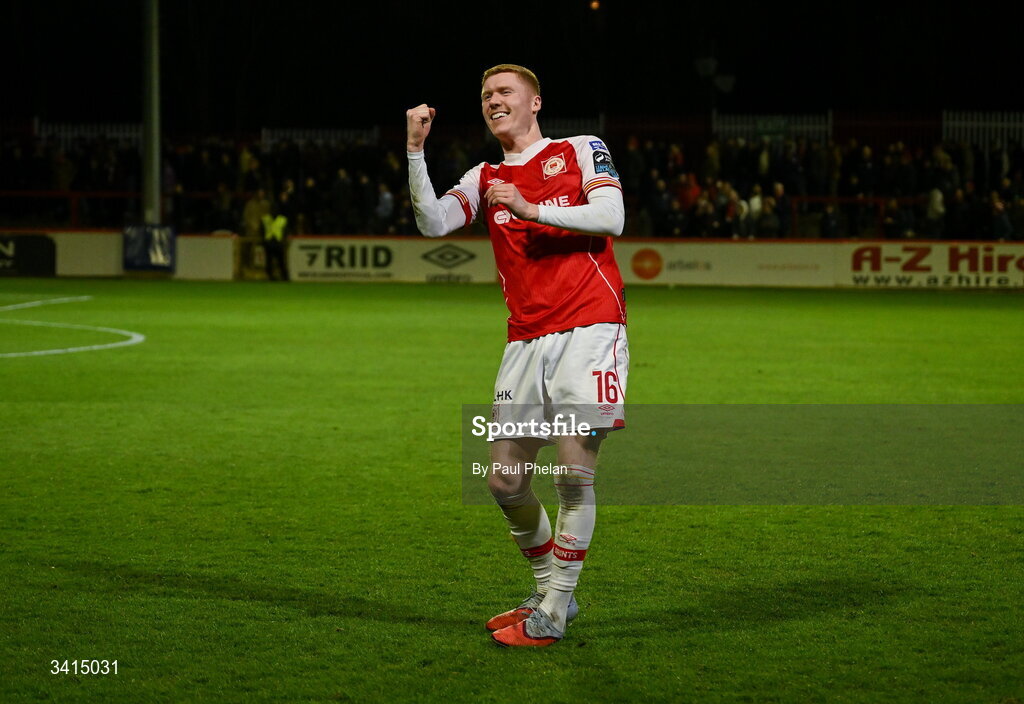 3 April 2026; Darragh Nugent of St Patrick's Athletic celebrates after the SSE Airtricity Men's Premier Division match between St Patrick's Athletic and Sligo Rovers at Richmond Park in Dublin. Photo by Paul Phelan/Sportsfile
