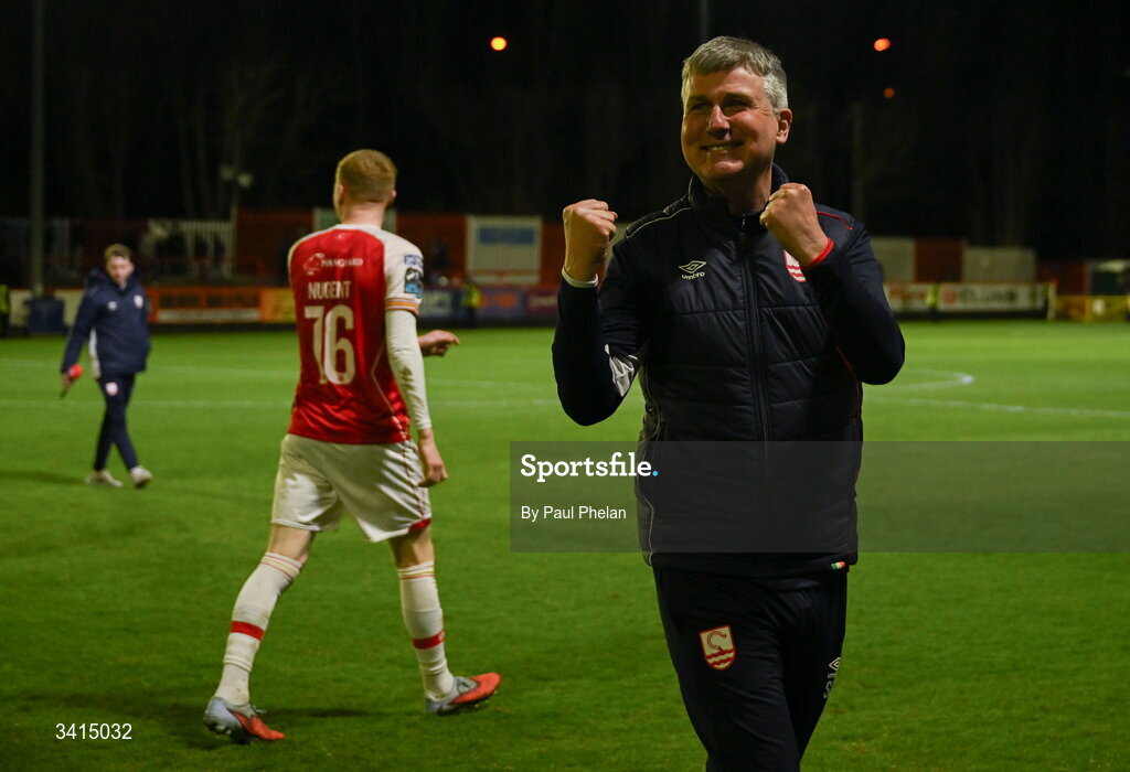 3 April 2026; St Patrick's Athletic manager Stephen Kennycelebrates after the SSE Airtricity Men's Premier Division match between St Patrick's Athletic and Sligo Rovers at Richmond Park in Dublin. Photo by Paul Phelan/Sportsfile