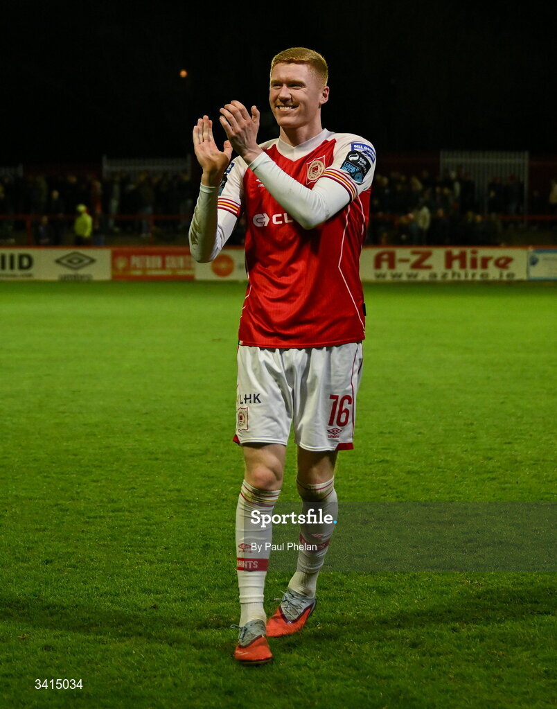 3 April 2026; Darragh Nugent of St Patrick's Athletic celebrates after the SSE Airtricity Men's Premier Division match between St Patrick's Athletic and Sligo Rovers at Richmond Park in Dublin. Photo by Paul Phelan/Sportsfile