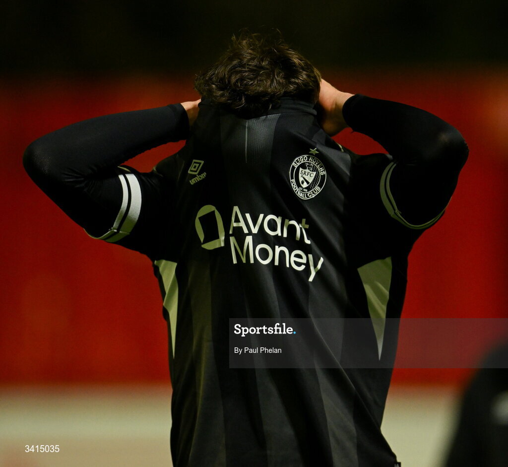 3 April 2026; Archie Meekison of Sligo Rovers reacts after the SSE Airtricity Men's Premier Division match between St Patrick's Athletic and Sligo Rovers at Richmond Park in Dublin. Photo by Paul Phelan/Sportsfile