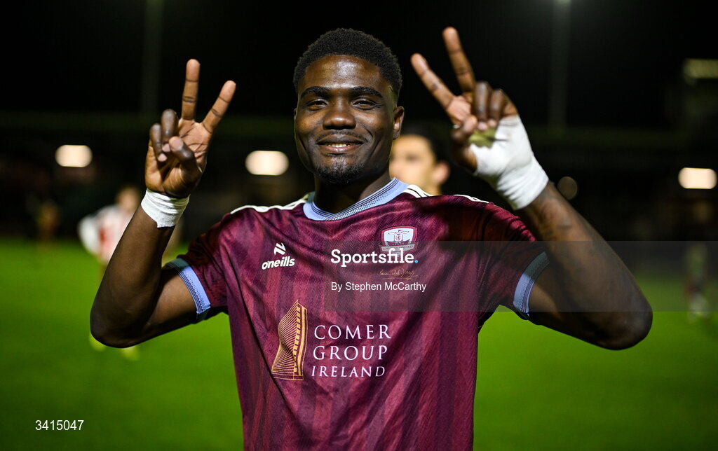 3 April 2026; Frantz Pierrot of Galway United celebrates after the SSE Airtricity Men's Premier Division match between Galway United and Derry City at Eamonn Deacy Park in Galway. Photo by Stephen McCarthy/Sportsfile