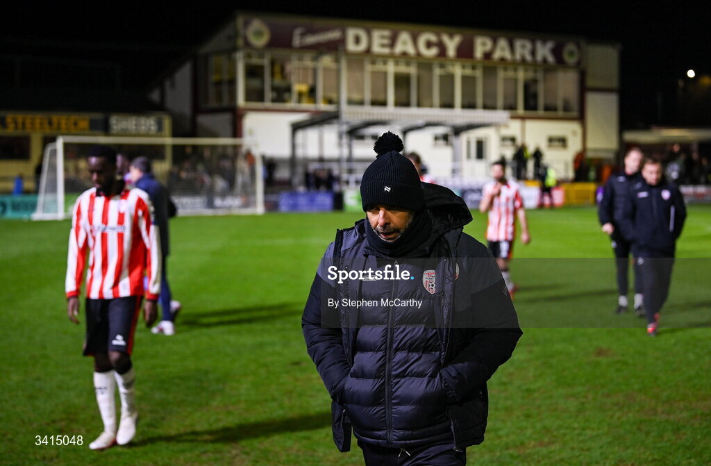 3 April 2026; Derry City manager Tiernan Lynch following his side's defeat in the SSE Airtricity Men's Premier Division match between Galway United and Derry City at Eamonn Deacy Park in Galway. Photo by Stephen McCarthy/Sportsfile