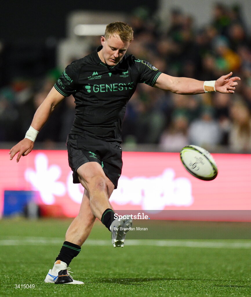 3 April 2026; Sam Gilbert of Connacht kicks a conversion during the EPCR Challenge Cup match between Connacht and Hollywoodbets Sharks at Dexcom Stadium in Galway. Photo by Brendan Moran/Sportsfile