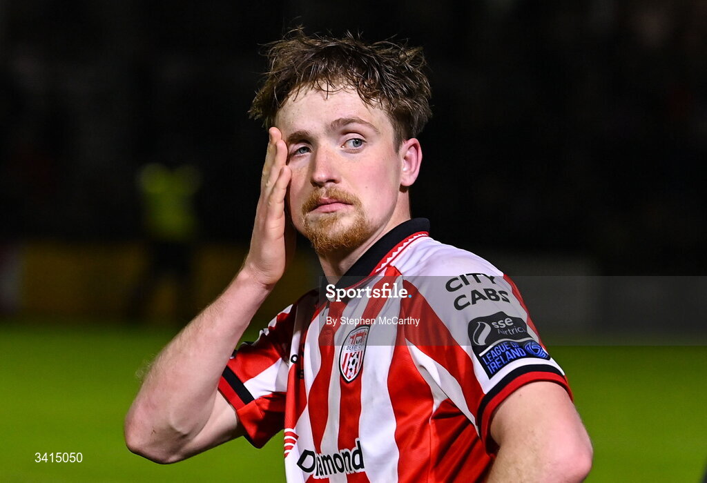 3 April 2026; Alex Bannon of Derry City following his side's defeat in the SSE Airtricity Men's Premier Division match between Galway United and Derry City at Eamonn Deacy Park in Galway. Photo by Stephen McCarthy/Sportsfile