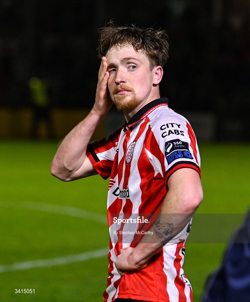 3 April 2026; Alex Bannon of Derry City following his side's defeat in the SSE Airtricity Men's Premier Division match between Galway United and Derry City at Eamonn Deacy Park in Galway. Photo by Stephen McCarthy/Sportsfile