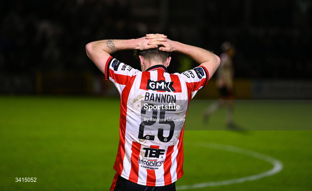 3 April 2026; Alex Bannon of Derry City following his side's defeat in the SSE Airtricity Men's Premier Division match between Galway United and Derry City at Eamonn Deacy Park in Galway. Photo by Stephen McCarthy/Sportsfile