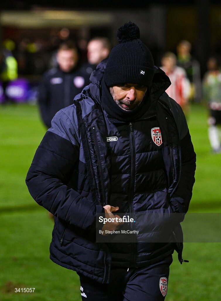 3 April 2026; Derry City manager Tiernan Lynch following his side's defeat in the SSE Airtricity Men's Premier Division match between Galway United and Derry City at Eamonn Deacy Park in Galway. Photo by Stephen McCarthy/Sportsfile