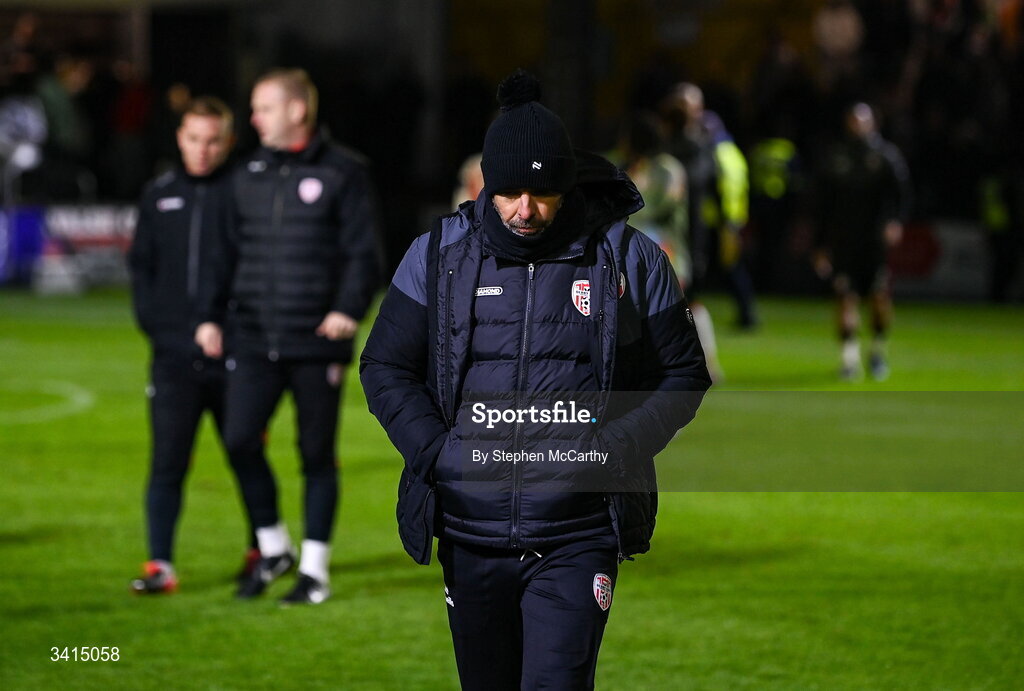 3 April 2026; Derry City manager Tiernan Lynch following his side's defeat in the SSE Airtricity Men's Premier Division match between Galway United and Derry City at Eamonn Deacy Park in Galway. Photo by Stephen McCarthy/Sportsfile