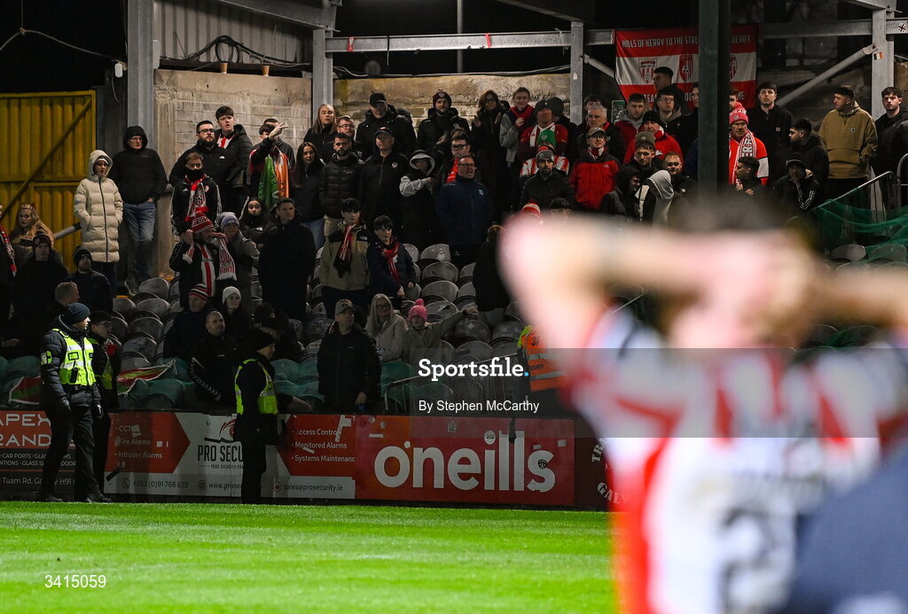 3 April 2026; Derry City supporters after the SSE Airtricity Men's Premier Division match between Galway United and Derry City at Eamonn Deacy Park in Galway. Photo by Stephen McCarthy/Sportsfile