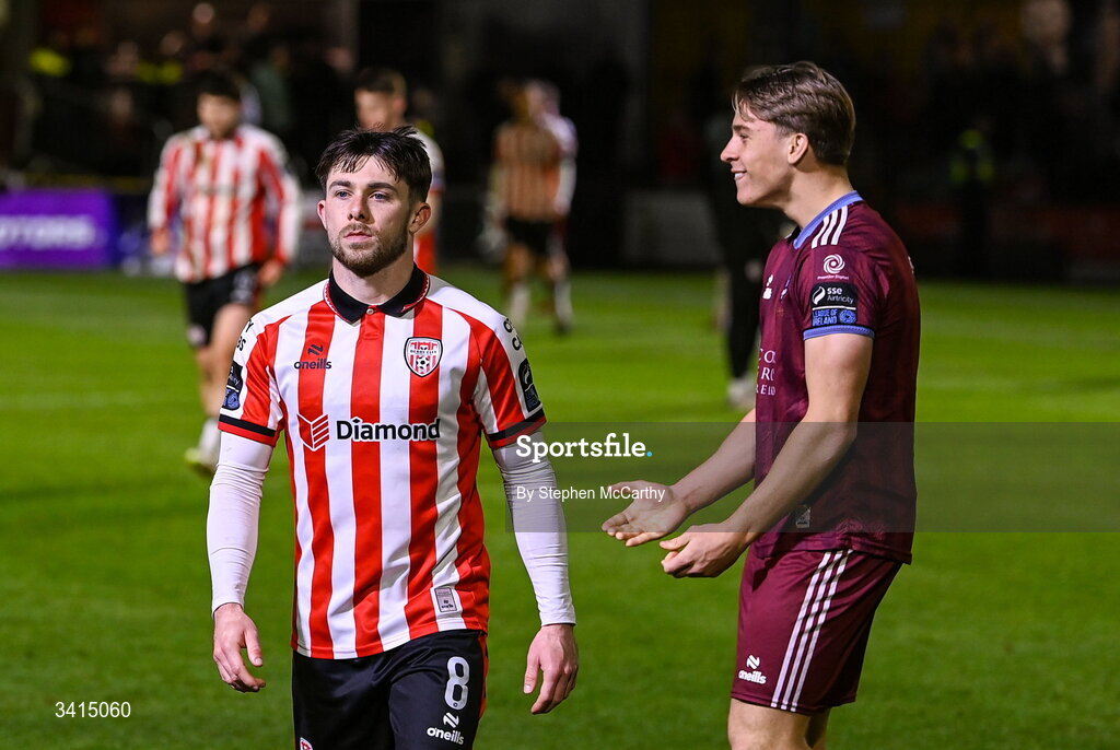 3 April 2026; Adam O'Reilly of Derry City following his side's defeat during the SSE Airtricity Men's Premier Division match between Galway United and Derry City at Eamonn Deacy Park in Galway. Photo by Stephen McCarthy/Sportsfile