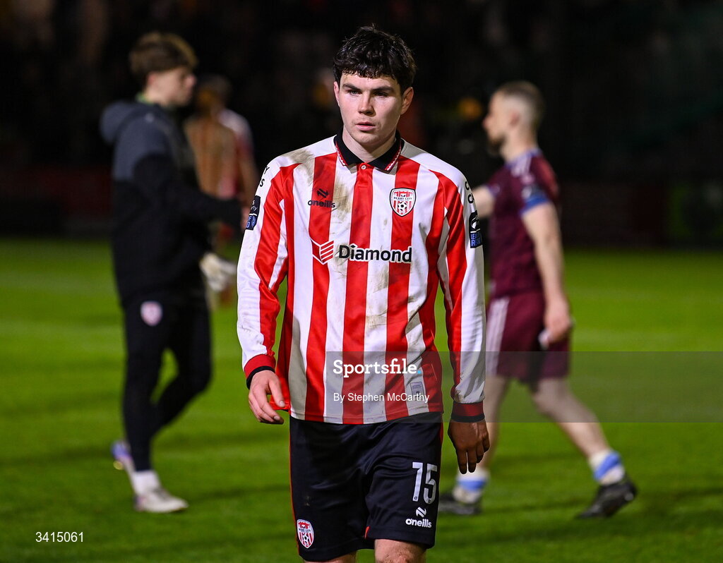 3 April 2026; James Clarke of Derry City following his side's defeat during the SSE Airtricity Men's Premier Division match between Galway United and Derry City at Eamonn Deacy Park in Galway. Photo by Stephen McCarthy/Sportsfile