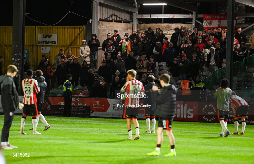 3 April 2026; Derry City supporters after the SSE Airtricity Men's Premier Division match between Galway United and Derry City at Eamonn Deacy Park in Galway. Photo by Stephen McCarthy/Sportsfile