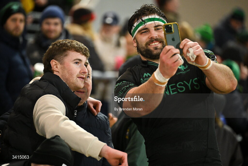 3 April 2026; Shamus Hurley-Langton of Connacht takes a selfie with supporters after the EPCR Challenge Cup match between Connacht and Hollywoodbets Sharks at Dexcom Stadium in Galway. Photo by Brendan Moran/Sportsfile