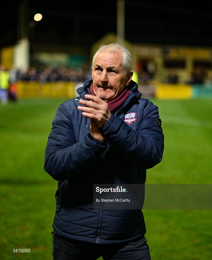 3 April 2026; Galway United manager John Caulfield celebrates after the SSE Airtricity Men's Premier Division match between Galway United and Derry City at Eamonn Deacy Park in Galway. Photo by Stephen McCarthy/Sportsfile