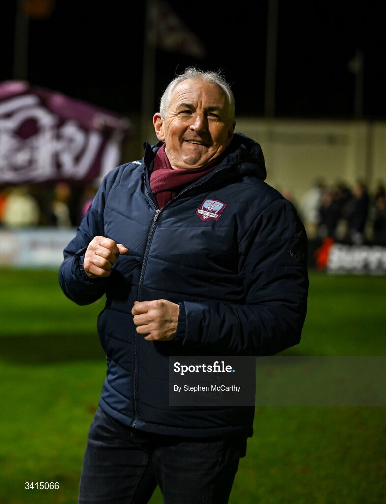 3 April 2026; Galway United manager John Caulfield celebrates after the SSE Airtricity Men's Premier Division match between Galway United and Derry City at Eamonn Deacy Park in Galway. Photo by Stephen McCarthy/Sportsfile