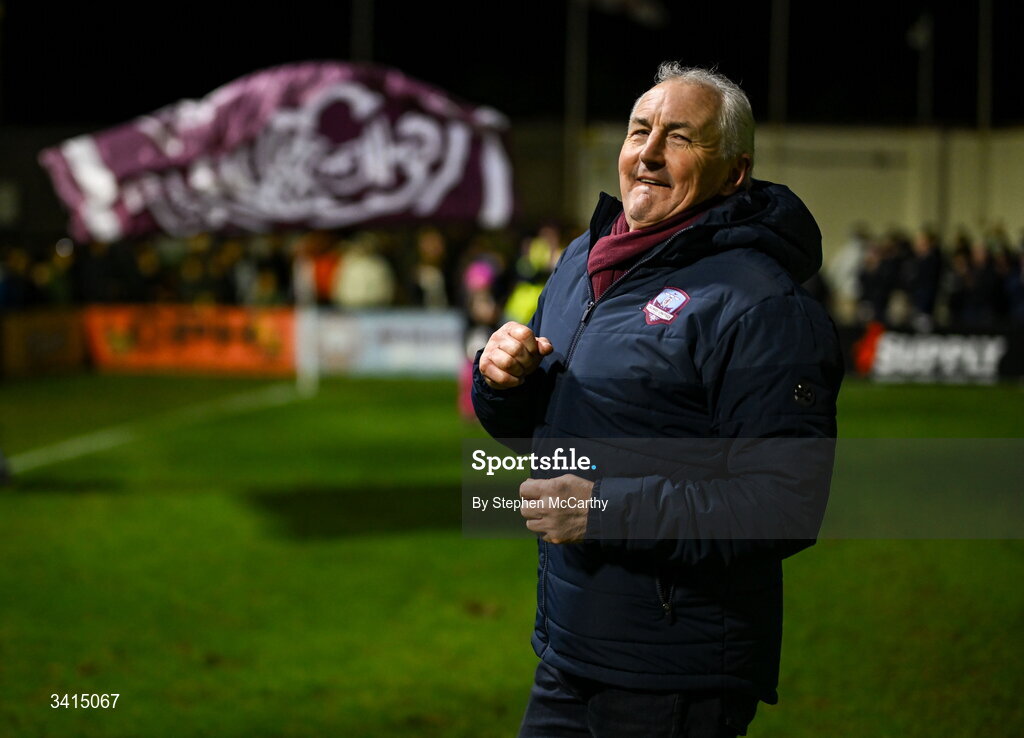 3 April 2026; Galway United manager John Caulfield celebrates after the SSE Airtricity Men's Premier Division match between Galway United and Derry City at Eamonn Deacy Park in Galway. Photo by Stephen McCarthy/Sportsfile