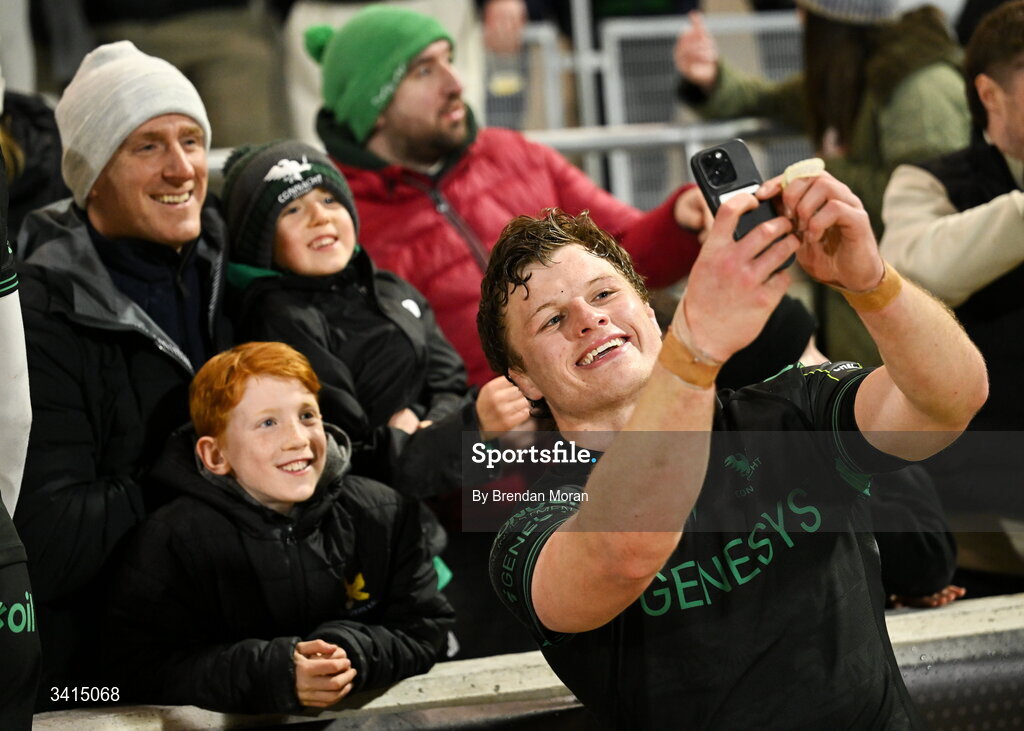3 April 2026; Connacht captain Cian Prendergast takes a selfie with supporters after the EPCR Challenge Cup match between Connacht and Hollywoodbets Sharks at Dexcom Stadium in Galway. Photo by Brendan Moran/Sportsfile