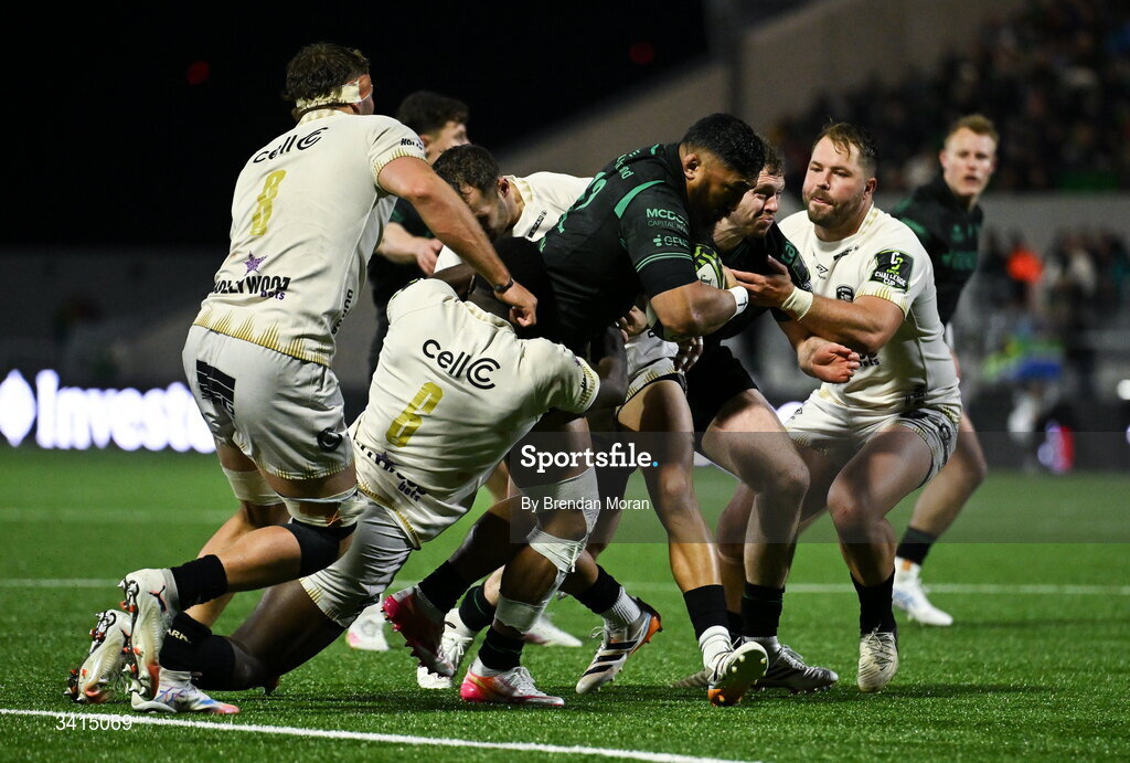 3 April 2026; Bundee Aki of Connacht is tackled by the Sharks defence during the EPCR Challenge Cup match between Connacht and Hollywoodbets Sharks at Dexcom Stadium in Galway. Photo by Brendan Moran/Sportsfile