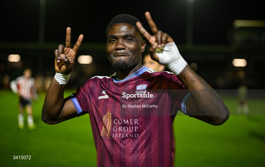 3 April 2026; Frantz Pierrot of Galway United celebrates after the SSE Airtricity Men's Premier Division match between Galway United and Derry City at Eamonn Deacy Park in Galway. Photo by Stephen McCarthy/Sportsfile